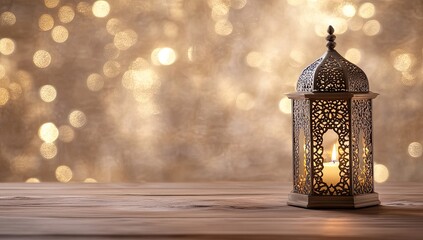 Ornate lantern on wooden surface with bokeh background