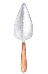 Hand drawn painted watercolor little garden stainless steel metal shovel with wooden texture handle.Design element.