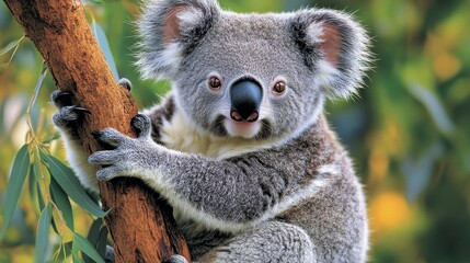 Naklejka premium Adorable koala bear clinging to eucalyptus tree branch.