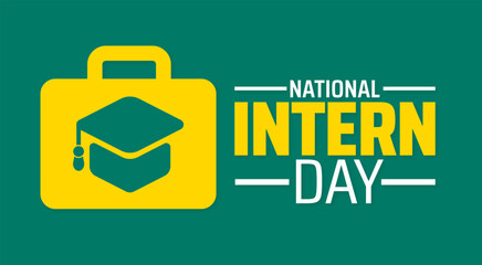 National Intern Day background or banner design. Bright Yellow Briefcase with Graduation Cap Icon on Green Background for Celebrating Internships and Career Growth.