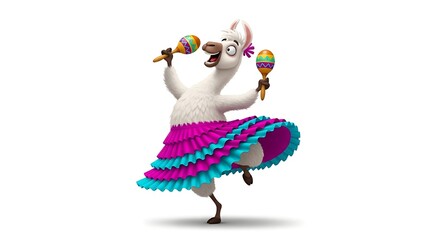 Energetic cartoon llama wearing a ruffled skirt and shaking maracas. Festive and fun dance character on white background.