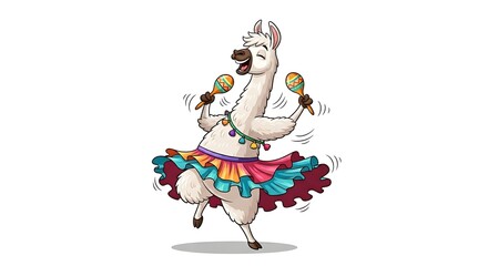 Energetic cartoon llama wearing a ruffled skirt and shaking maracas. Festive and fun dance character on white background.