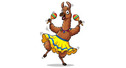Energetic cartoon llama wearing a ruffled skirt and shaking maracas. Festive and fun dance character on white background.