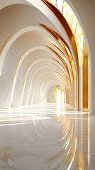 Modern Architectural Corridor with Curved Arches and Warm Lighting