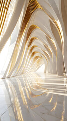 Elegant Curved Corridor with Golden Accents and Reflective Floor