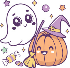 Charming Kawaii Ghost and Pumpkin with Witch Hat Perfect for Whimsical Halloween Decor and Celebrations
