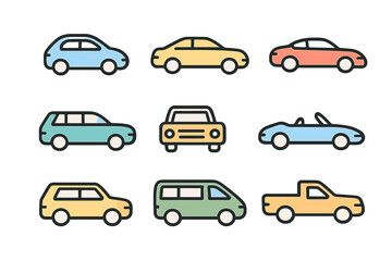 Fototapeta premium The car icon set, illustrated in linear style, includes transport vector graphics