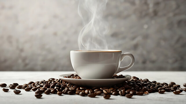 A coffee cup filled with steaming coffee placed on a clean white background, surrounded by scattered coffee beans. Crisp details and natural lighting highlight the textures of the c