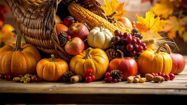Abundant autumn harvest spills from a woven cornucopia filled with colorful fruits, vegetables, and foliage on a wooden surface.
