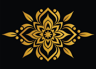 Elegant Gold Mandala Design A Symmetrical Floral Motif Radiating Sophistication and Balance Against a Stark Black Backdrop for Digital Decoration