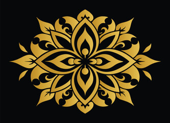 Ornate Golden Floral Design on Black Backdrop, a Symmetrical Flourish of Abstract Botanical Elements and Decorative Vintage Accents, Exuding Elegance
