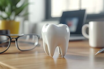 A white tooth figurine sits on a light wooden surface, in a modern office setting