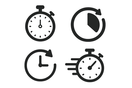 A white background features an icon for timers, accompanied by an isolated vector set of time or timer elements, including a stopwatch symbol, vector countdown circle clock counter timer, fast time