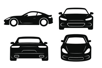 Obraz premium The silhouette of a sports car is displayed on a white background with a set of vehicle icons seen from the side, front, back, and top