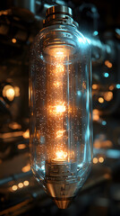 Steampunk-inspired glass tube with glowing filaments and intricate metalwork