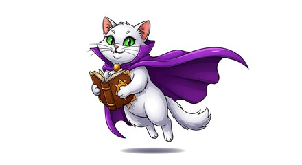 Mystical cartoon cat floating with a purple cape and spellbook. Magical fantasy character on white background.