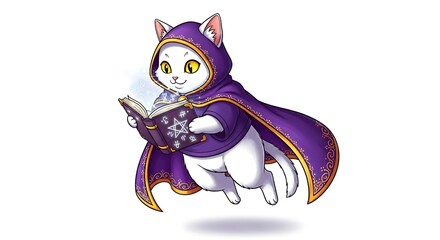 Mystical cartoon cat floating with a purple cape and spellbook. Magical fantasy character on white background.