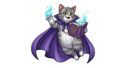 Mystical cartoon cat floating with a purple cape and spellbook. Magical fantasy character on white background.