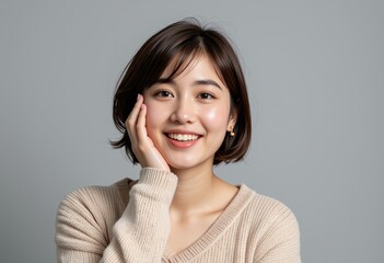 Happy Young Asian Woman with Short Brown Hair Smiling Studio Portrait