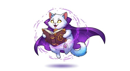 Mystical cartoon cat floating with a purple cape and spellbook. Magical fantasy character on white background.