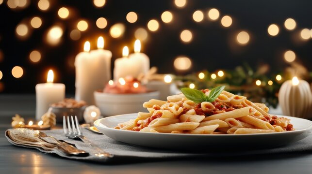Delicious Plate of Pasta Surrounded by Soft Candlelight Creating Warmth