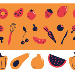 Hand-sketched food doodles, including fruits, vegetables, and kitchen utensils, black ink on white background, vector illustration