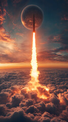 Rocket Launch Above Clouds with Celestial Body in Background