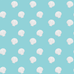 Seamless pattern with cartoon sea shell on blue background vector illustration. Cute marine print.