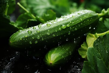 Two fresh cucumbers on the stem have water droplets on them.