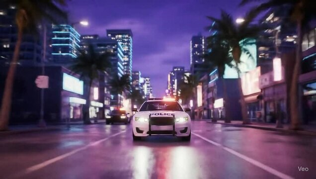 A cinematic chase scene in a neon-lit Miami-style city with hyper-realistic characters, police sirens, palm trees, and dramatic explosions.