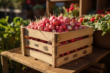 Wooden crates with red radishes on a farm stall