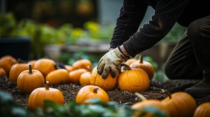 Freshly harvested pumpkins in the hands of farmers and arranged on the ground.