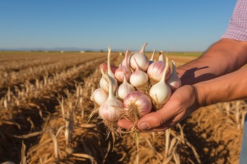 Freshly harvested garlic in the hands of farmers