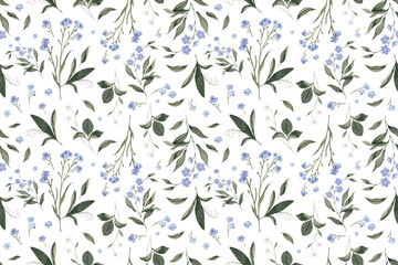 Seamless Watercolor Pattern with Blue Forget-Me-Not Flowers and Green Leaves on White Background