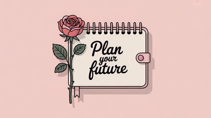 Minimalist greeting card with a pink background featuring a rose and a planner encouraging future planning. National Planner Day