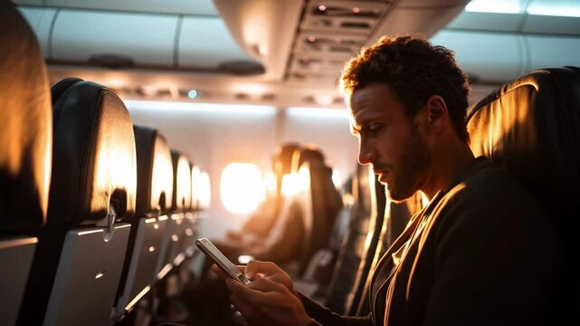 Traveling on an airplane at sunset while checking a smartphone