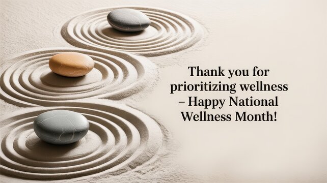 Serene greeting card design featuring a zen garden celebrating National Wellness Month. National Wellness Month