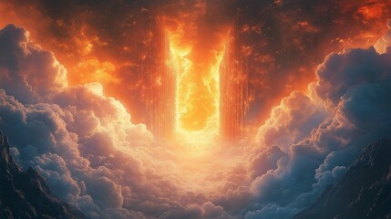  A panoramic vision of the Gates of Heaven and Hell on opposite cliffs of a vast celestial canyon, Heaven's gate formed from translucent light with a halo of glowing orbs
