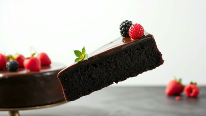 Exquisite Chocolate Cake Slice: A close-up shot reveals a delectable slice of chocolate cake, perfectly adorned with fresh berries.