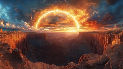 A panoramic vision of the Gates of Heaven and Hell on opposite cliffs of a vast celestial canyon, Heaven's gate formed from translucent light with a halo of glowing orbs
