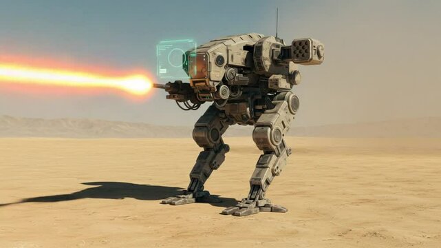 Bipedal mech firing a laser in a desert.