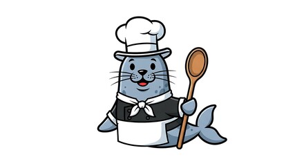 Cartoon seal chef with a tall hat and wooden spoon. Cute cooking animal character on white background.