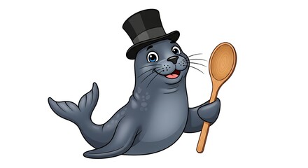 Cartoon seal chef with a tall hat and wooden spoon. Cute cooking animal character on white background.