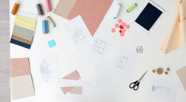 Workspace with fabric swatches, sketches and sewing notions on white - Powered by Adobe