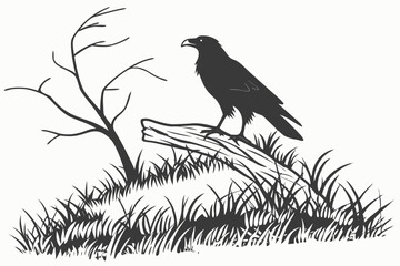  Black and White Raven on Branch Drawing: Wildlife Art