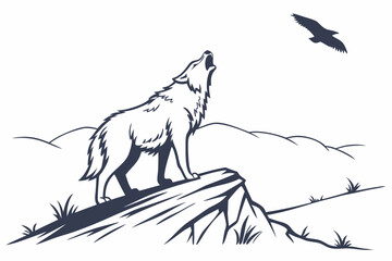 Obraz premium Howling Wolf on Cliff with Flying Bird: Wildlife Art