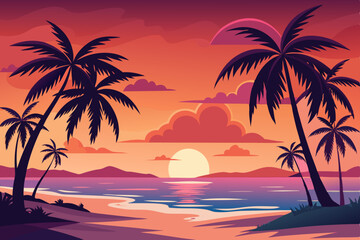 Obraz premium Tropical palms silhouette the summer sky as the sun sets over the serene island beach