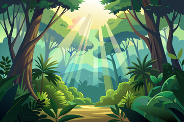 Morning sun filters through a serene tropical bamboo forest, revealing a lush jungle landscape with various palms and exotic plants under a clear sky