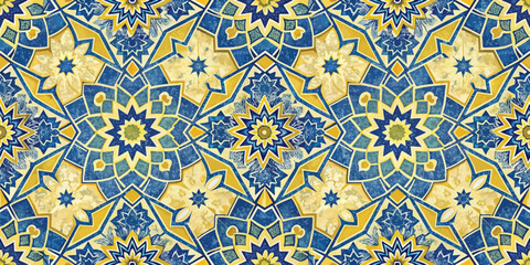 Vibrant blue and yellow geometric mosaic pattern with intricate designs.