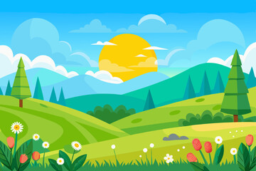 Fototapeta premium Rolling green hills under a bright blue sky with distant mountains, adorned with summer flowers and trees, depict a serene countryside landscape